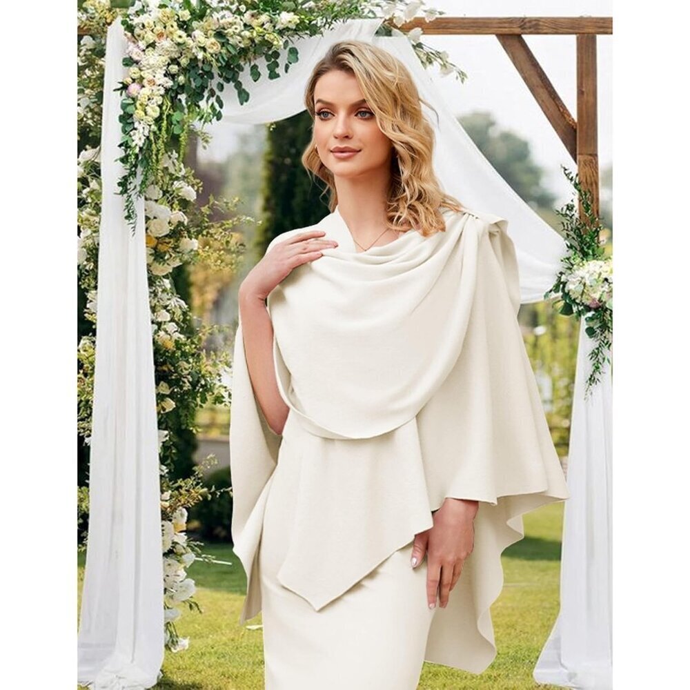 Women's 1-ivory Cross Front Poncho Sweater Wrap Knitted Elegant Shawls Cape - Picture 3 of 6